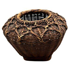 Vintage Handwoven Brown Rattan Basket Vase sturdy weaved storage decor bass READ